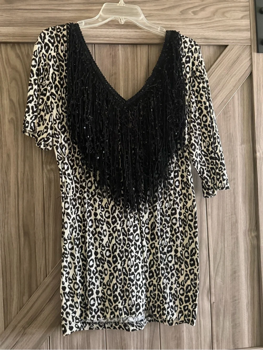 Leopard Print Fringe V-Neck Tunic - Black & Cream